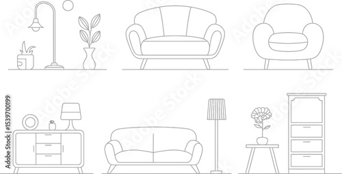A line drawing of furniture including sofas, lamps, plants, and cabinets in a simple arrangement