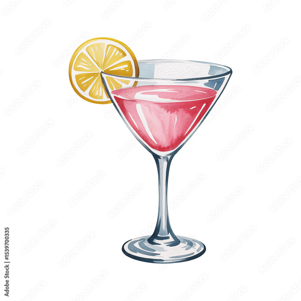 Refreshing Cosmopolitan Cocktail Watercolor Painting A vibrant pink drink garnished with lemon slice perfect for summer menus or bar promotions, transparent background Refreshing Cosmopolitan Cocktail Watercolor Painting A vibrant pink drink garnished with lemon slice perfect for summer menus or bar promotions, transparent background