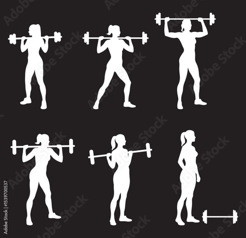 Six Silhouettes of Female Weightlifters in Various Poses on Transparent Background. EPS 10.