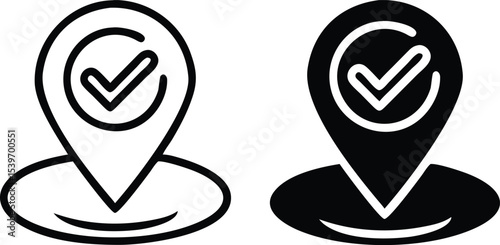 Minimalist Hand-Drawn Location Pin Icon with Check Mark – Vintage Monochrome Line Art