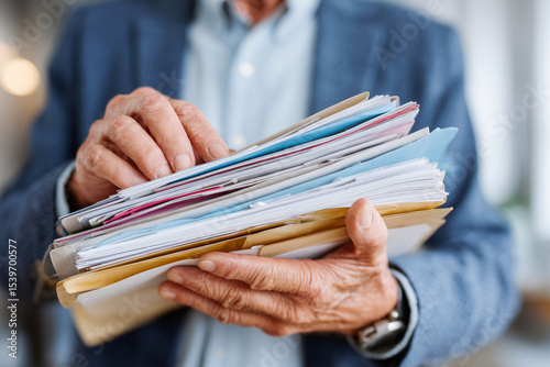lawyer holding stack of climate litigation files, close-up hands and documents