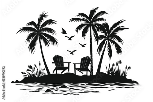 tropical island with palm trees, palm, beach, tree, sea, island, summer, tropical, vector, sun, illustration, ocean, nature, travel, landscape, silhouette, water, sunset, vacation, paradise, sky, exot