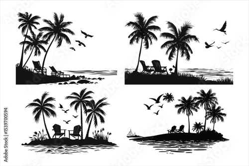 set of tropical beach icons, palm, beach, tree, tropical, vector, summer, island, sea, nature, sun, illustration, silhouette, travel, ocean, coconut, paradise, sky, landscape, sunset, sand, water, pal