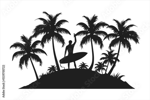 tropical island with palm trees, palm, beach, tree, sea, island, summer, tropical, vector, sun, illustration, ocean, nature, travel, landscape, silhouette, water, sunset, vacation, paradise, sky, exot