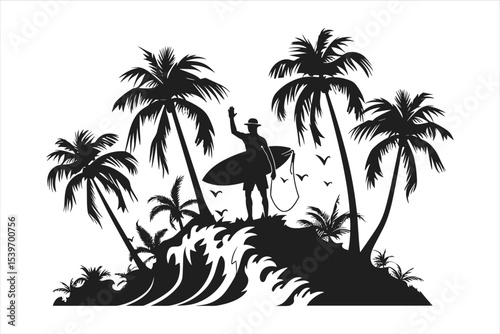 tropical island with palm trees, palm, beach, tree, sea, island, summer, tropical, vector, sun, illustration, ocean, nature, travel, landscape, silhouette, water, sunset, vacation, paradise, sky, exot