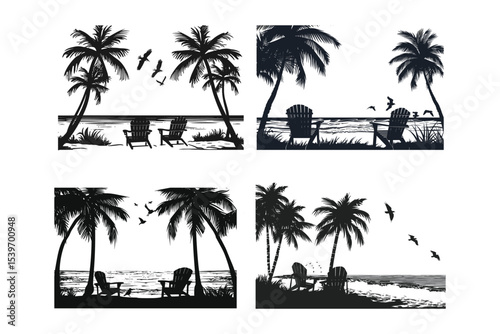 set of tropical beach icons, palm, beach, tree, tropical, vector, summer, island, sea, nature, sun, illustration, silhouette, travel, ocean, coconut, paradise, sky, landscape, sunset, sand, water, pal