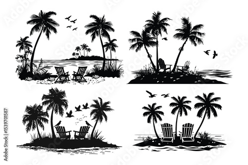 set of tropical beach icons, palm, beach, tree, tropical, vector, summer, island, sea, nature, sun, illustration, silhouette, travel, ocean, coconut, paradise, sky, landscape, sunset, sand, water, pal