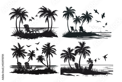 set of tropical beach icons, palm, beach, tree, tropical, vector, summer, island, sea, nature, sun, illustration, silhouette, travel, ocean, coconut, paradise, sky, landscape, sunset, sand, water, pal
