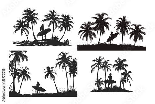 set of tropical beach icons, palm, beach, tree, tropical, vector, summer, island, sea, nature, sun, illustration, silhouette, travel, ocean, coconut, paradise, sky, landscape, sunset, sand, water, pal