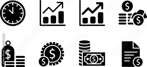 A set of icons representing time money and growth in a black and white vector graphic illustration
