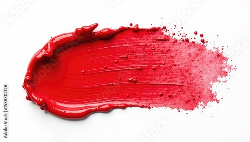 Intensely pigmented red lipstick swatch on pure white, shine, crimson, beauty