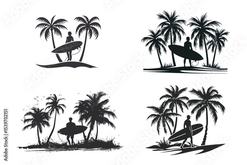 set of tropical beach icons, palm, beach, tree, tropical, vector, summer, island, sea, nature, sun, illustration, silhouette, travel, ocean, coconut, paradise, sky, landscape, sunset, sand, water, pal