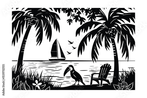 tropical island with palm trees, palm, beach, tree, sea, island, summer, tropical, vector, sun, illustration, ocean, nature, travel, landscape, silhouette, water, sunset, vacation, paradise, sky, exot