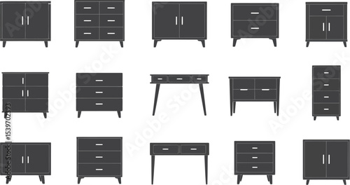 Display of fifteen dark gray furniture pieces including cabinets and dressers on a white background