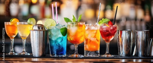 Panel kuchenny z motywem Colorful cocktails lined up on a bar (1)