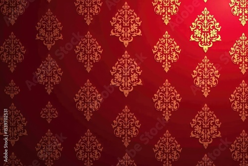 Intricate floral damask pattern in muted gold on deep red background, repeat, leaf, gold