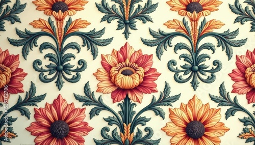 Intricate floral damask pattern in muted tones, house, illustration