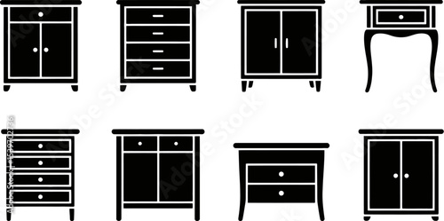 An illustration of eight different black and white furniture pieces on a white background in a row