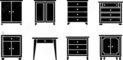 A set of eight black and white furniture icons including cabinets and drawers on a white background