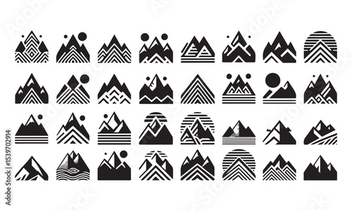 Set of mountain logo icon abstract landscape, vector art, geometric shapes, alpine ranges silhouette illustration 