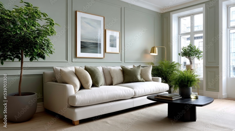 Fototapeta premium A serene living room features a cream sofa with muted green pillows.