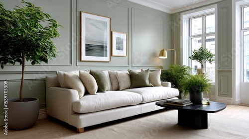 A serene living room features a cream sofa with muted green pillows.