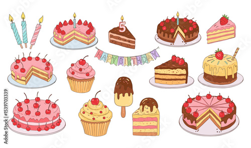 Whimsical Birthday Cake and Cupcake Illustrations with Candles, Cherries, and Colorful Frosting for Festive Celebrations flat vector illustration