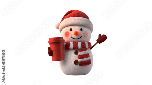 Festive Snowman Holding a Red Cup Winter Holiday Cheer