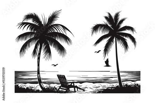 tropical island with palm trees, palm, beach, tree, sea, island, summer, tropical, vector, sun, illustration, ocean, nature, travel, landscape, silhouette, water, sunset, vacation, paradise, sky, exot