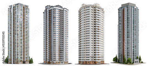 Set of a high-rise apartment building, full view, isolated on a transparent background.