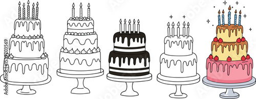 Whimsical Birthday Cake Illustrations with Tiered Designs, Chocolate Drizzle, and Colorful Layers for Festive Celebrations flat vector illustration