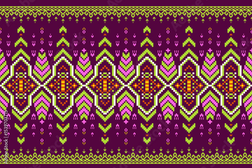 Geometric pixelated Arabic patterns on the fabric reflect the ornate and ethnicity,grid floral,grid colourful, backgrounds, seamless grid design for carpet,textile,textured,wallpaper,print,decorate