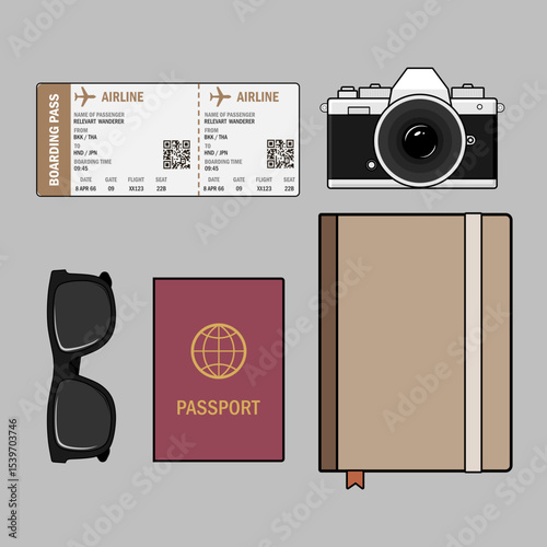 Flat lay of travel essentials: passport, boarding pass, camera, sunglasses, and travel journal 