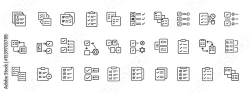 Collection of Data Management and Document Organization Icons – Digital Files, Database Storage, Workflow Line Icon Set