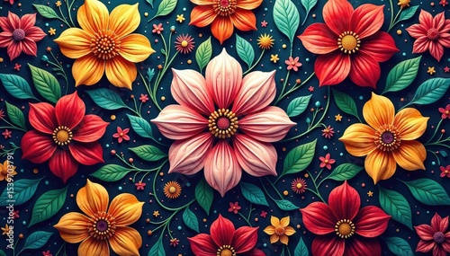 Intricate floral design within a hexagonal grid, geometric shapes, illustration, texture