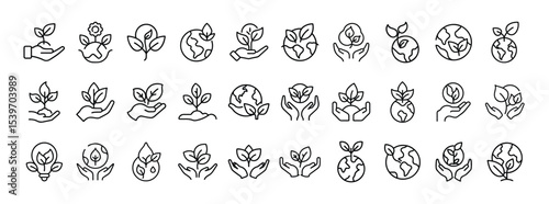 Set of Eco and Sustainability Line Icons – Nature, Green Energy, and Environmental Symbols