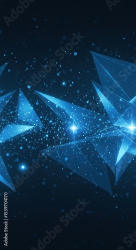 Abstract Blue Geometric Shapes Digital Art Background: Luminous Triangles and Glowing Particles