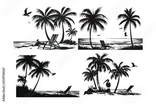 set of tropical beach icons, palm, beach, tree, tropical, vector, summer, island, sea, nature, sun, illustration, silhouette, travel, ocean, coconut, paradise, sky, landscape, sunset, sand, water, pal