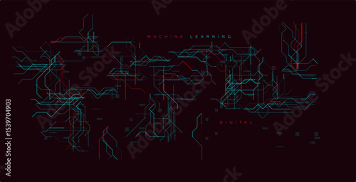 Machine Learning Circuit Network Background. Futuristic Neural Tech Lines With Data Flow Concept On Dark Red. Ideal For AI, Algorithms, Big Data, Digital Science Projects. Vector Illustration