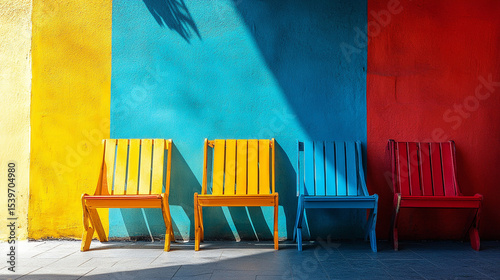 Colorful Wooden Chairs Against Vibrant Wall Background