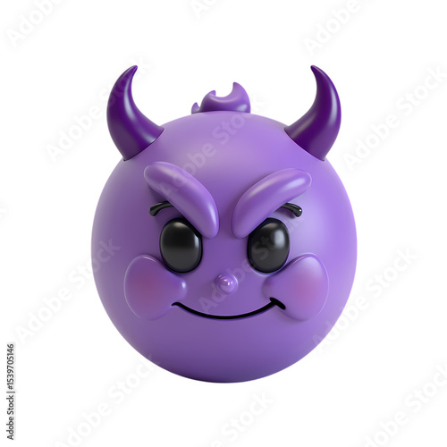 A purple devil emoji with horns and a mischievous expression isolated on transparent background