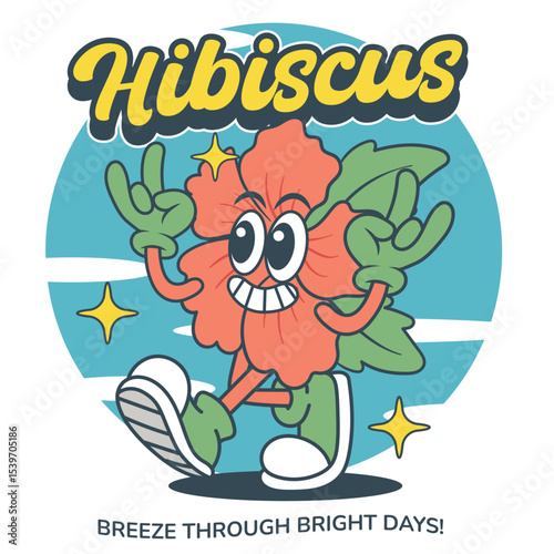 Vector Illustration of Hibiscus Flower Mascot with Retro Cartoon Mascot Available for Logo Badge