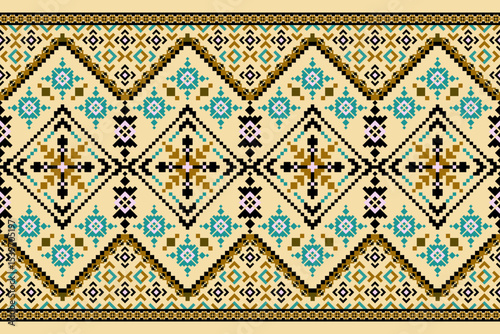 Geometric pixelated Arabic patterns on the fabric reflect the ornate and ethnicity,grid floral,grid colourful, backgrounds, seamless grid design for carpet,textile,textured,wallpaper,print,decorate