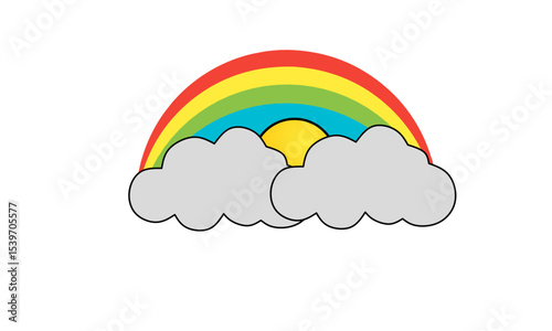 The illustration of a curved rainbow, decorated with soft white clouds and warm shining sun, creates a cheerful, peaceful and colorful atmosphere typical of children.