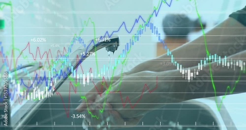 Forearms turning faucet handle and washing hands on kitchen sink, with finance chart overlay