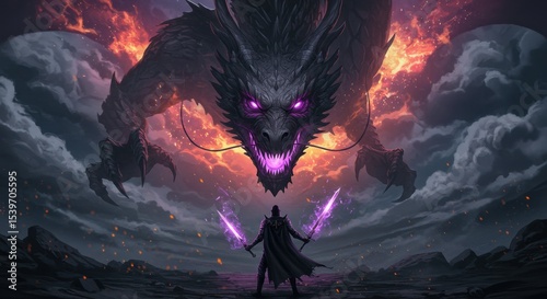 Epic Confrontation A lone warrior faces a colossal, menacing black dragon amidst a fiery, dramatic sky.  Fantasy art depicting bravery, conflict, and magic.