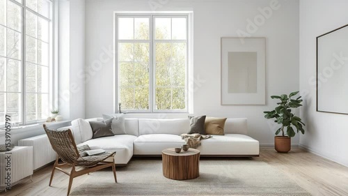 Wallpaper Mural Cozy Scandinavian living room with white walls, wooden floor, modern furniture, large window with natural light and minimal decor Torontodigital.ca