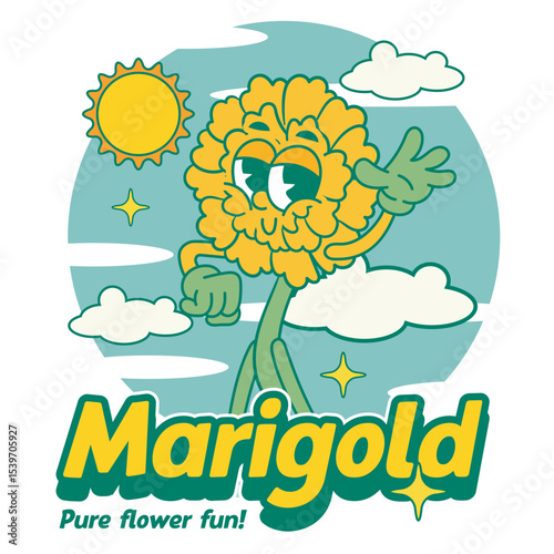 Vector Illustration of Marigold Flower Mascot with Retro Cartoon Mascot Available for Logo Badge