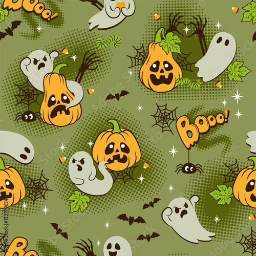 Seamless pattern for Halloween in retro style with scary ghosts, vampire bat, spider, cobweb and spooky pumpkins on green swamp background