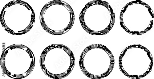 Set of futuristic circular HUD interface rings in high-tech sci-fi style, perfect for digital dashboards, virtual overlays, game UI, and advanced technology-themed vector design projects.

